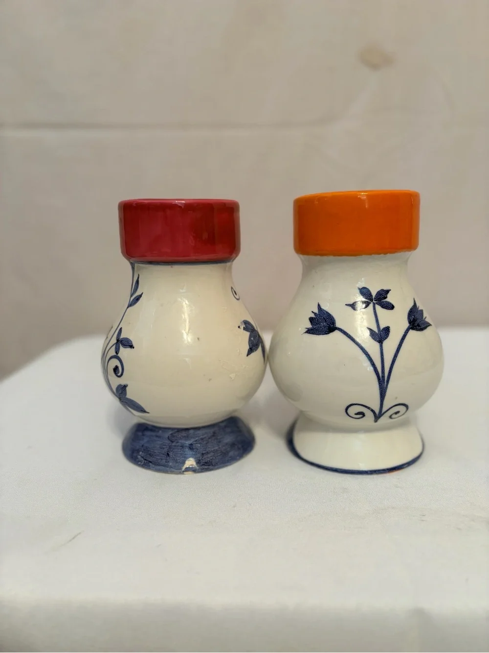 Hand-Painted Ceramic Salt and Pepper Shakers - Red & Orange Tops